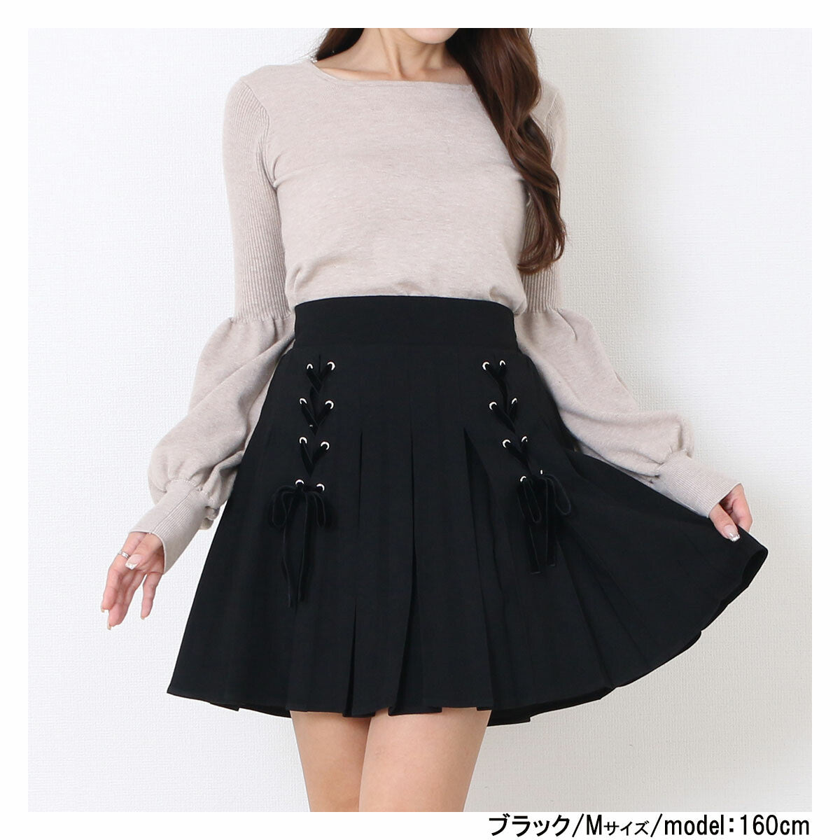 絨面蝴蝶結綁帶百摺裙 3色 [BT146]