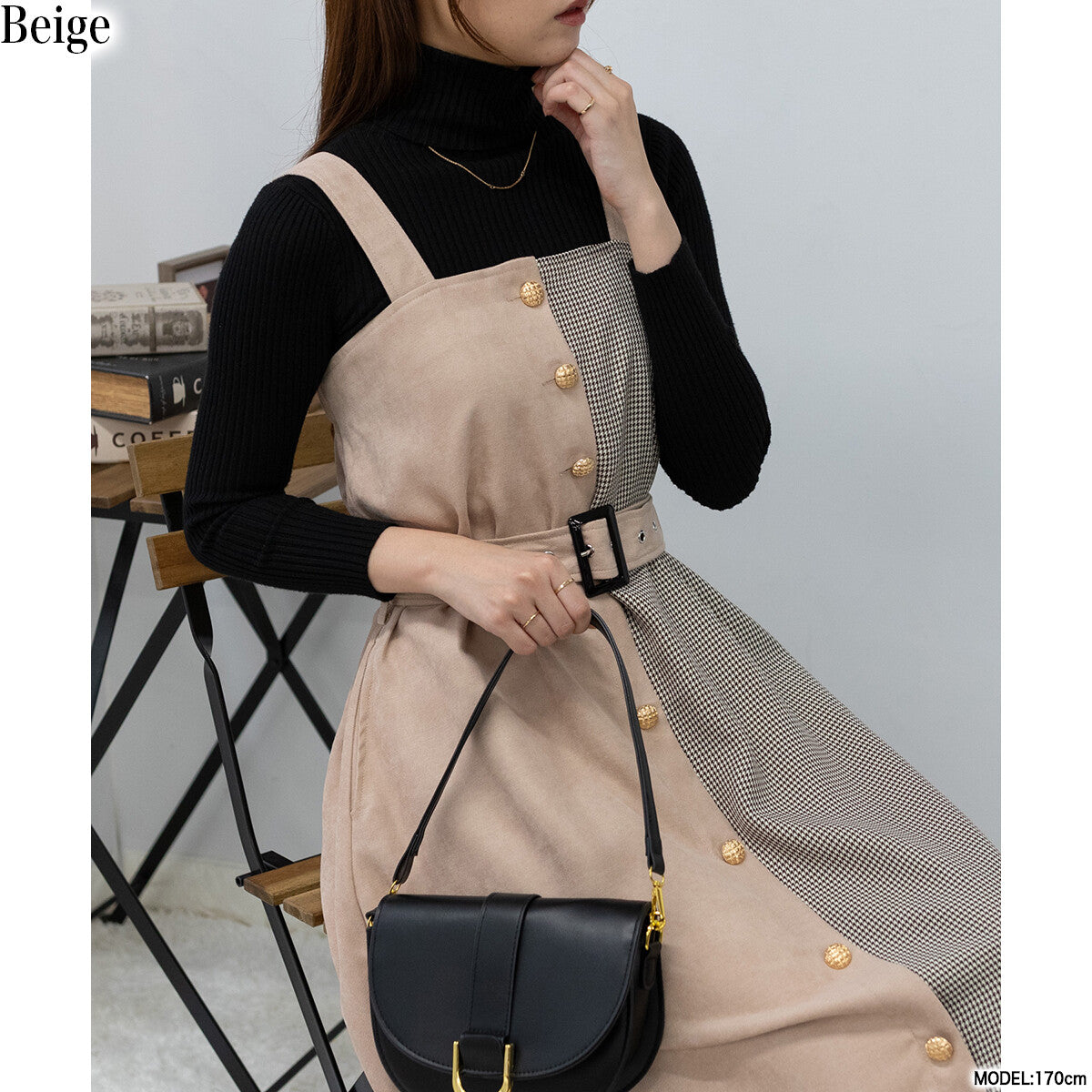 純色拼格仔吊帶連身裙 [OP151]