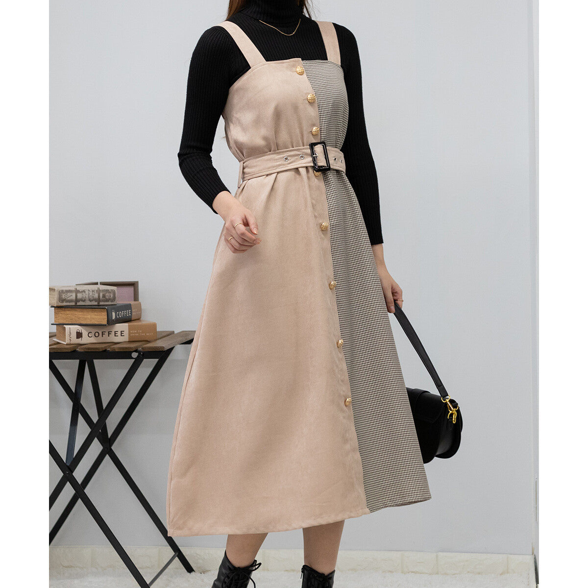 純色拼格仔吊帶連身裙 [OP151]