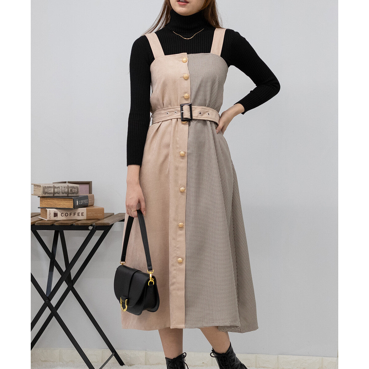 純色拼格仔吊帶連身裙 [OP151]