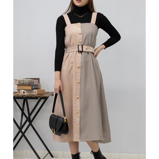 純色拼格仔吊帶連身裙 [OP151]