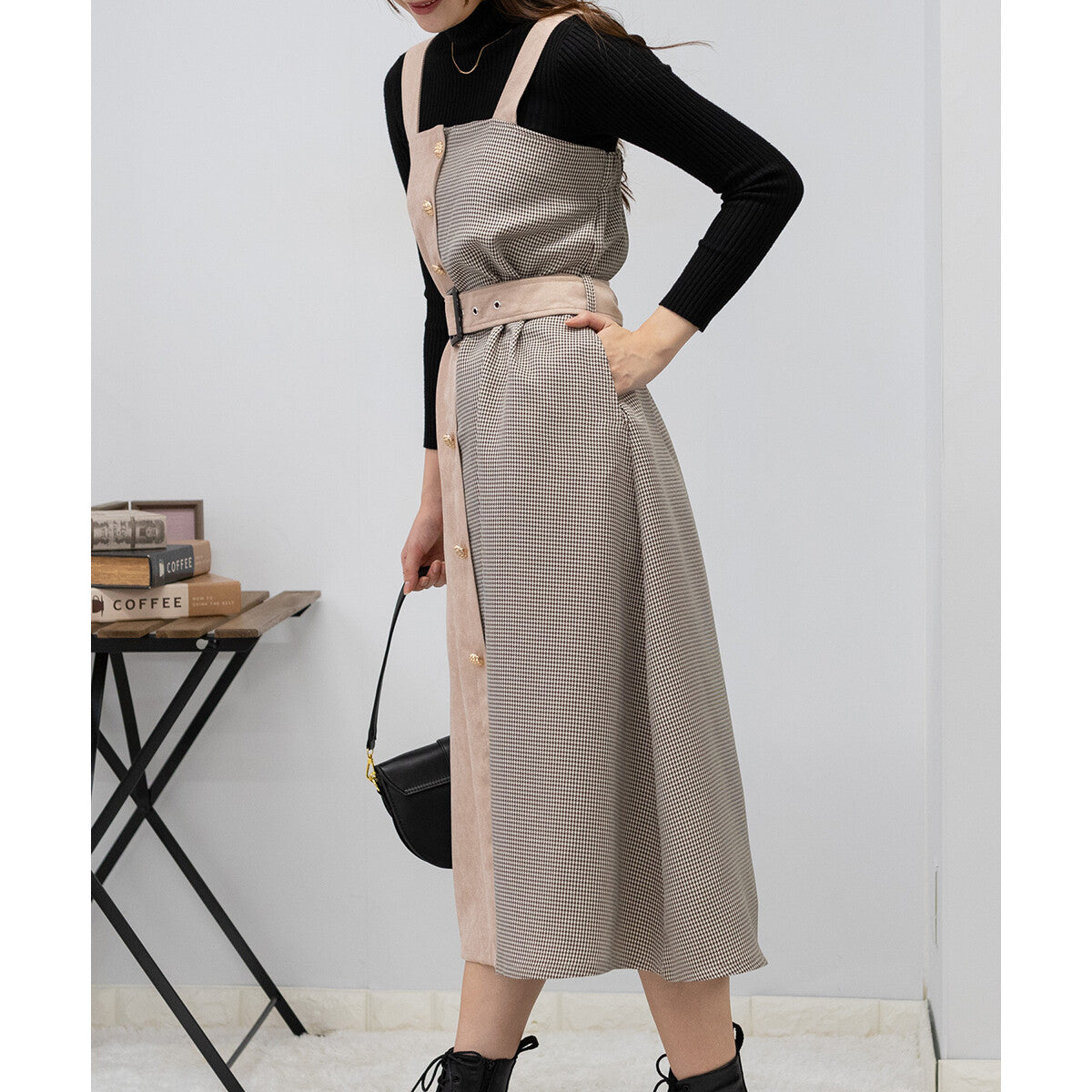 純色拼格仔吊帶連身裙 [OP151]