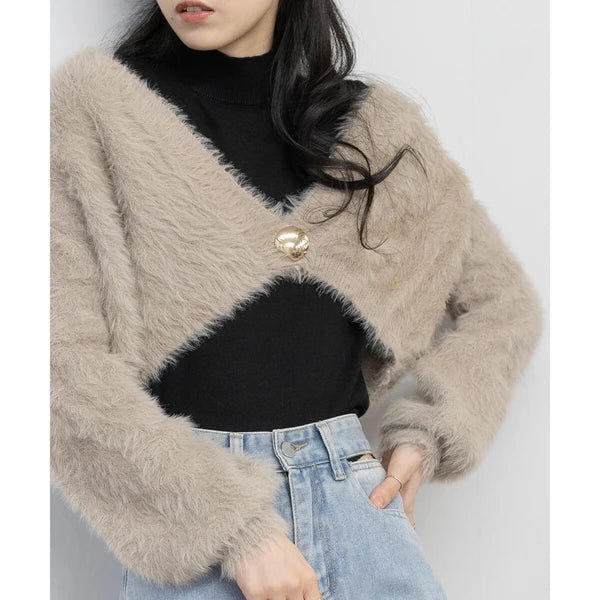 針織毛茸茸 V 領短款開襟衫 [OT212]