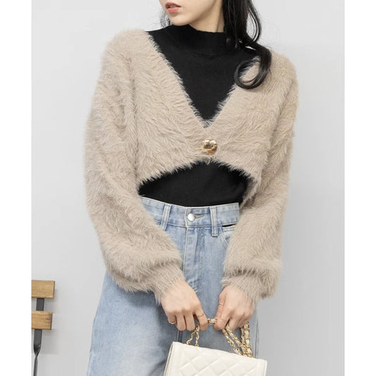 針織毛茸茸 V 領短款開襟衫 [OT212]