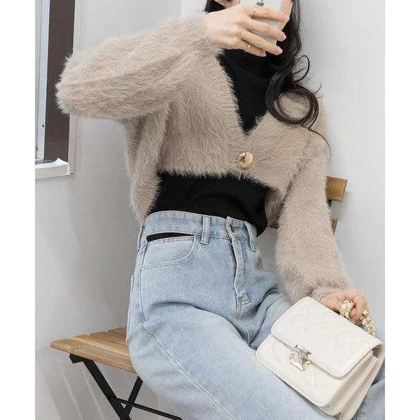 針織毛茸茸 V 領短款開襟衫 [OT212]