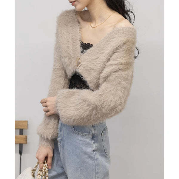 針織毛茸茸 V 領短款開襟衫 [OT212]