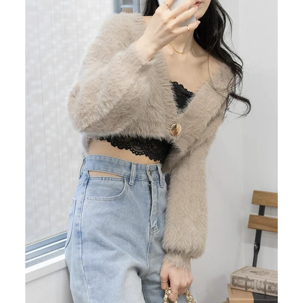 針織毛茸茸 V 領短款開襟衫 [OT212]