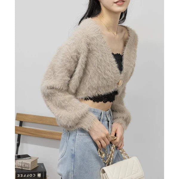 針織毛茸茸 V 領短款開襟衫 [OT212]