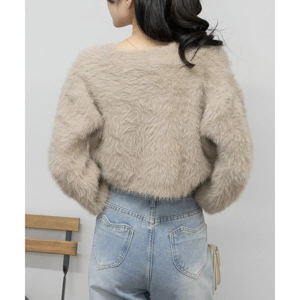 針織毛茸茸 V 領短款開襟衫 [OT212]