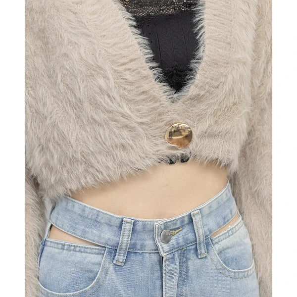 針織毛茸茸 V 領短款開襟衫 [OT212]