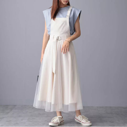 laulea 附腰帶薄紗下擺吊帶連身裙 4色 [OP325]