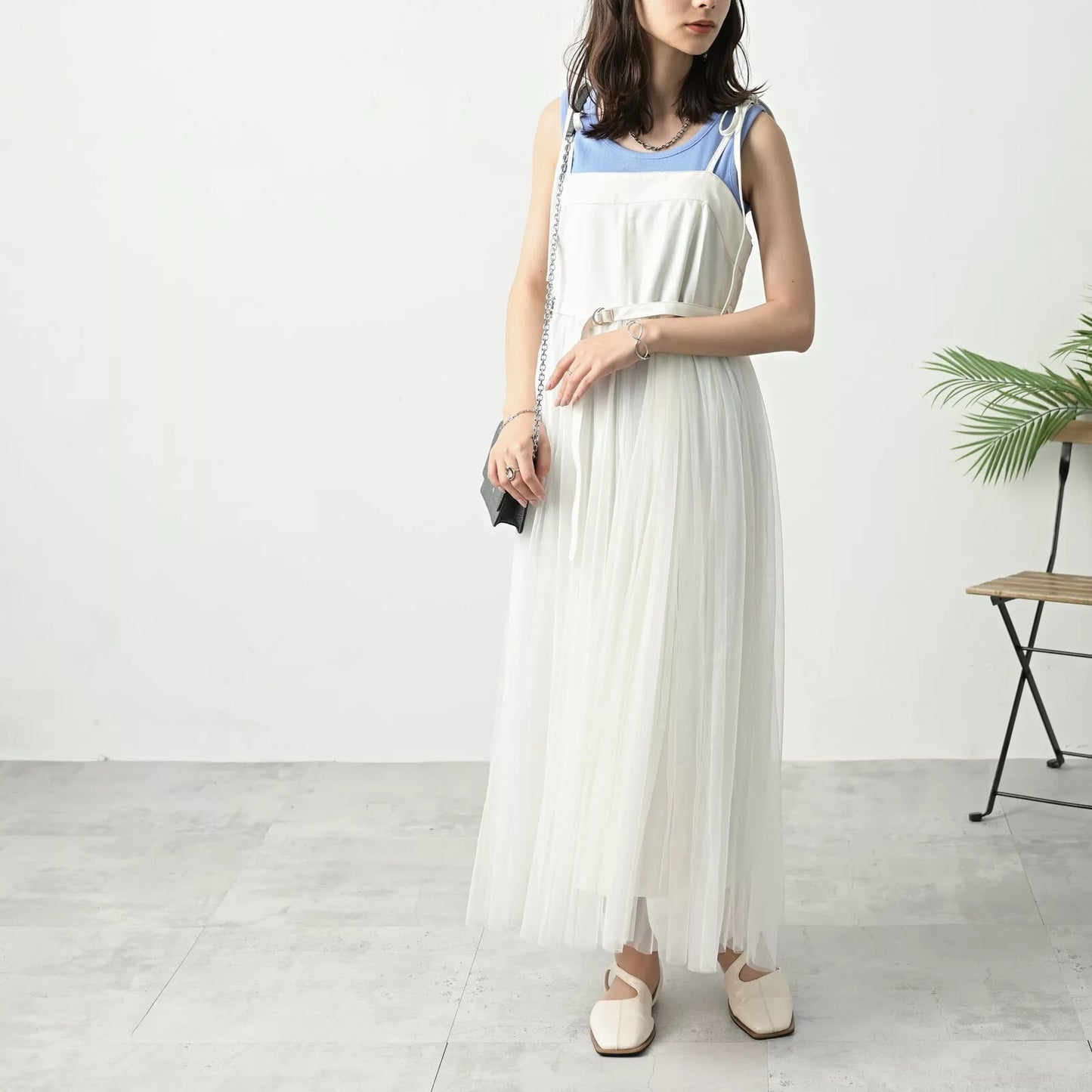 附腰帶薄紗下擺綁帶吊帶連身裙 2色 [OP329]
