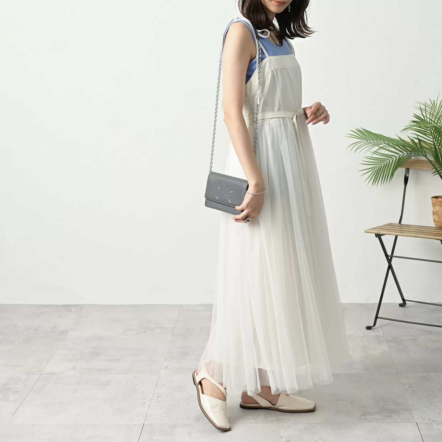 附腰帶薄紗下擺綁帶吊帶連身裙 2色 [OP329]