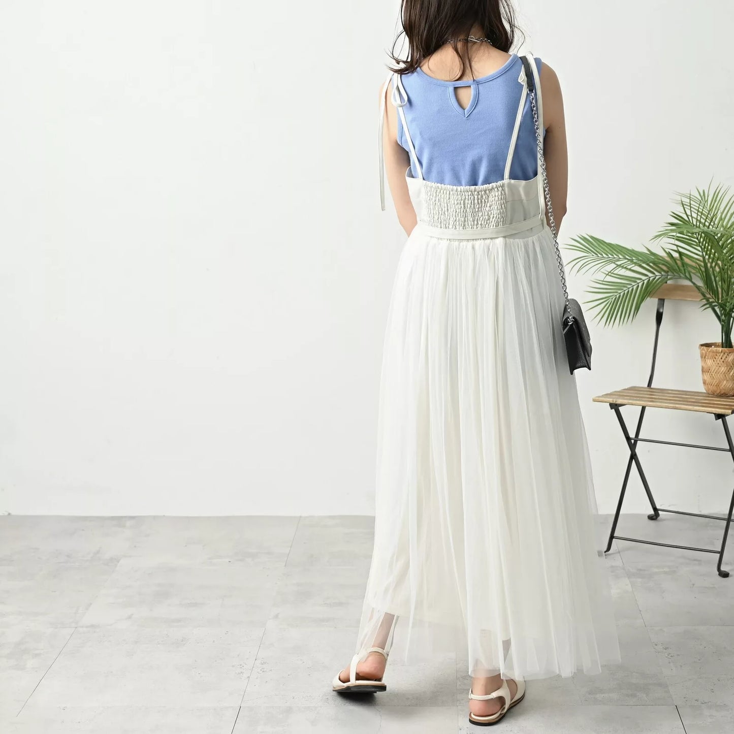 附腰帶薄紗下擺綁帶吊帶連身裙 2色 [OP329]