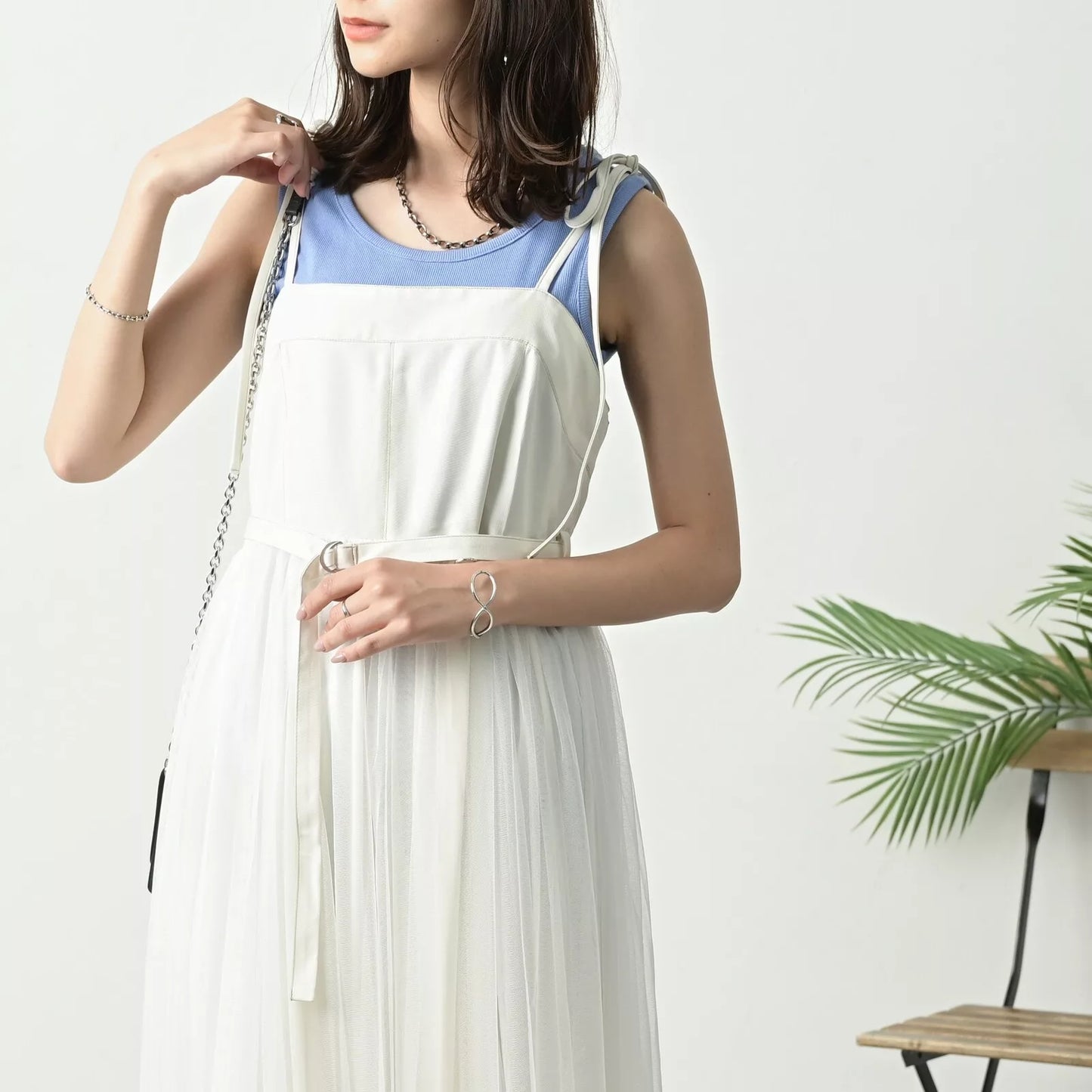 附腰帶薄紗下擺綁帶吊帶連身裙 2色 [OP329]