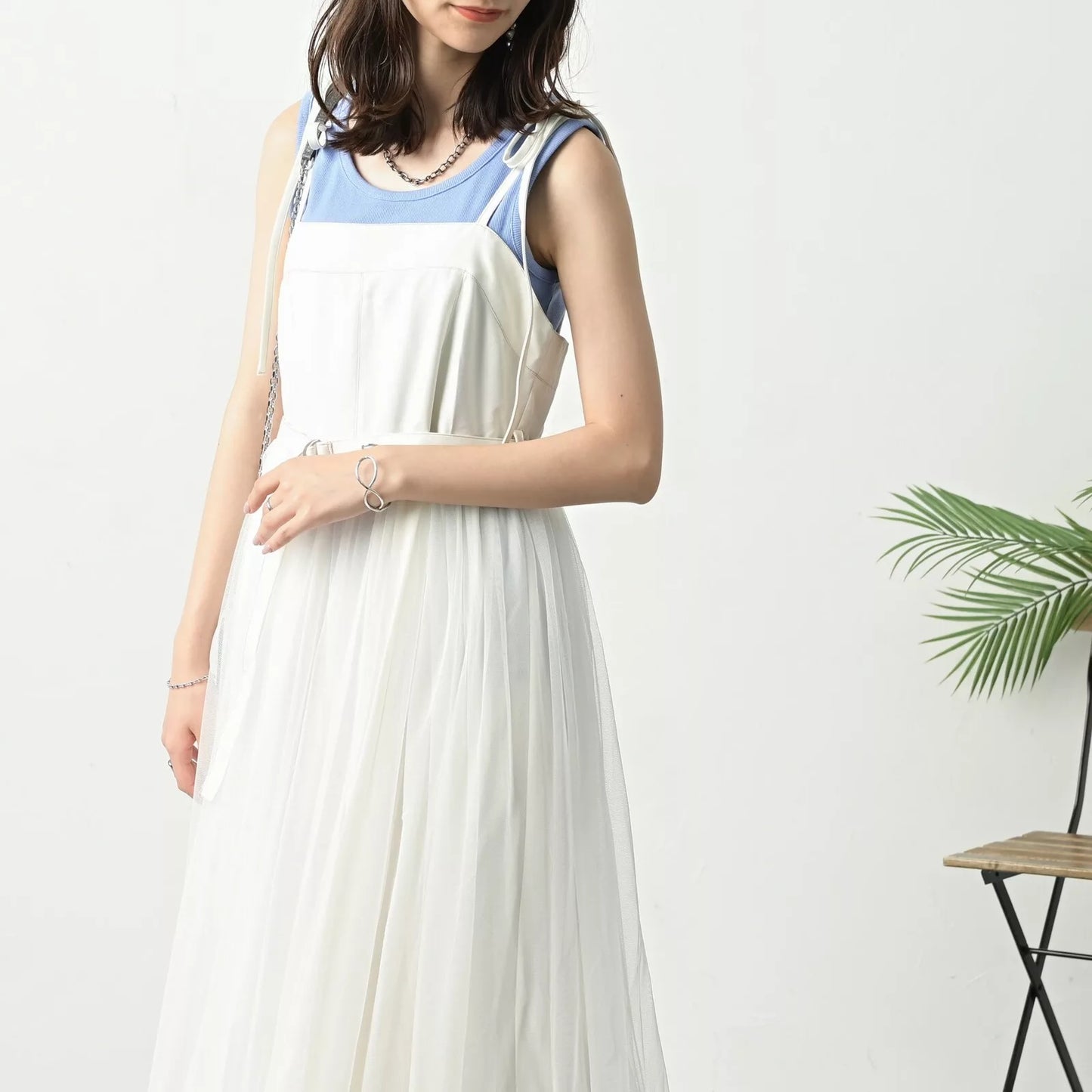 附腰帶薄紗下擺綁帶吊帶連身裙 2色 [OP329]