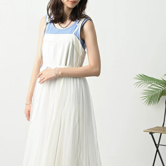 附腰帶薄紗下擺綁帶吊帶連身裙 2色 [OP329]