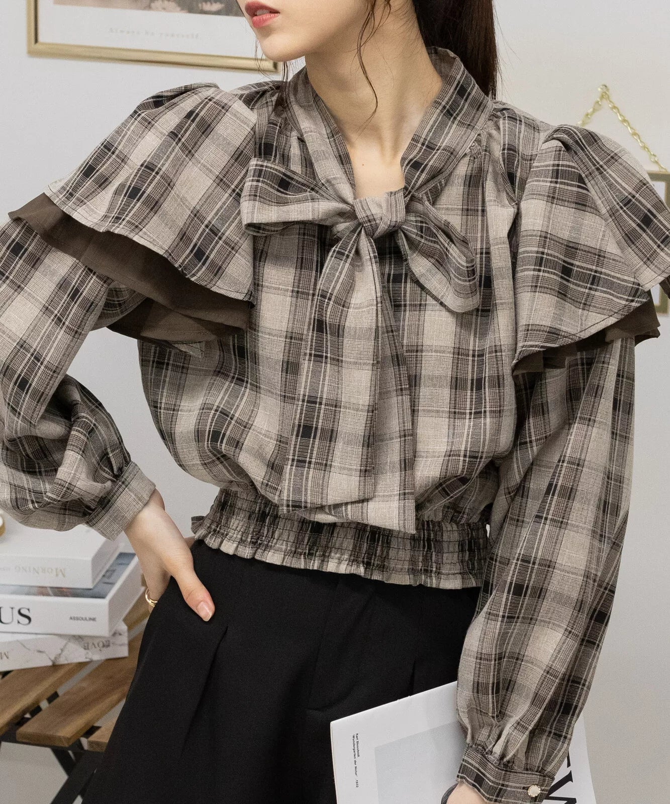 荷葉邊蝴蝶結格仔襯衫 [TP332]