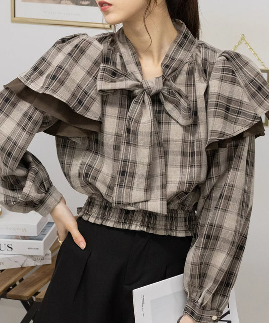 荷葉邊蝴蝶結格仔襯衫 [TP332]