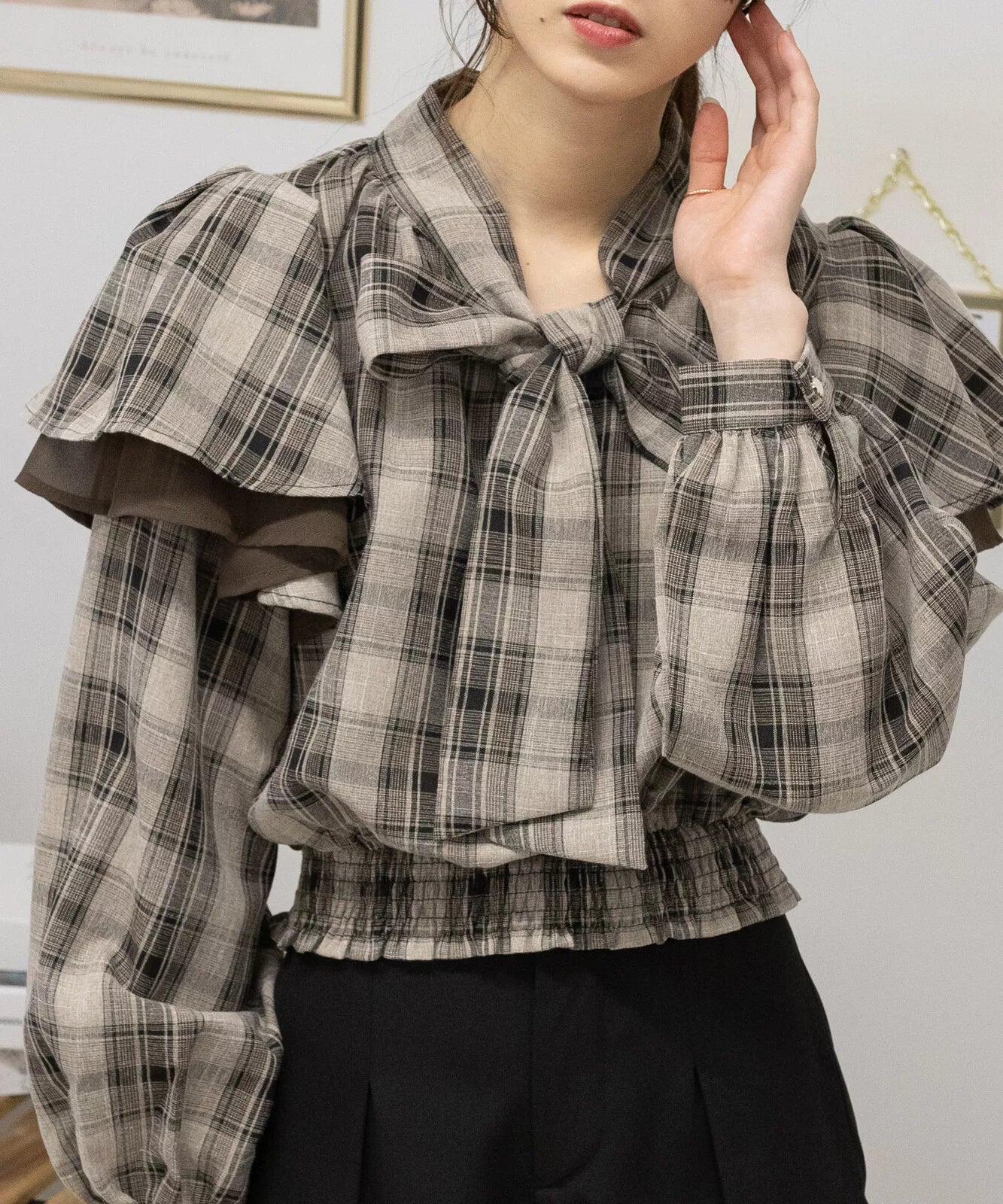 荷葉邊蝴蝶結格仔襯衫 [TP332]