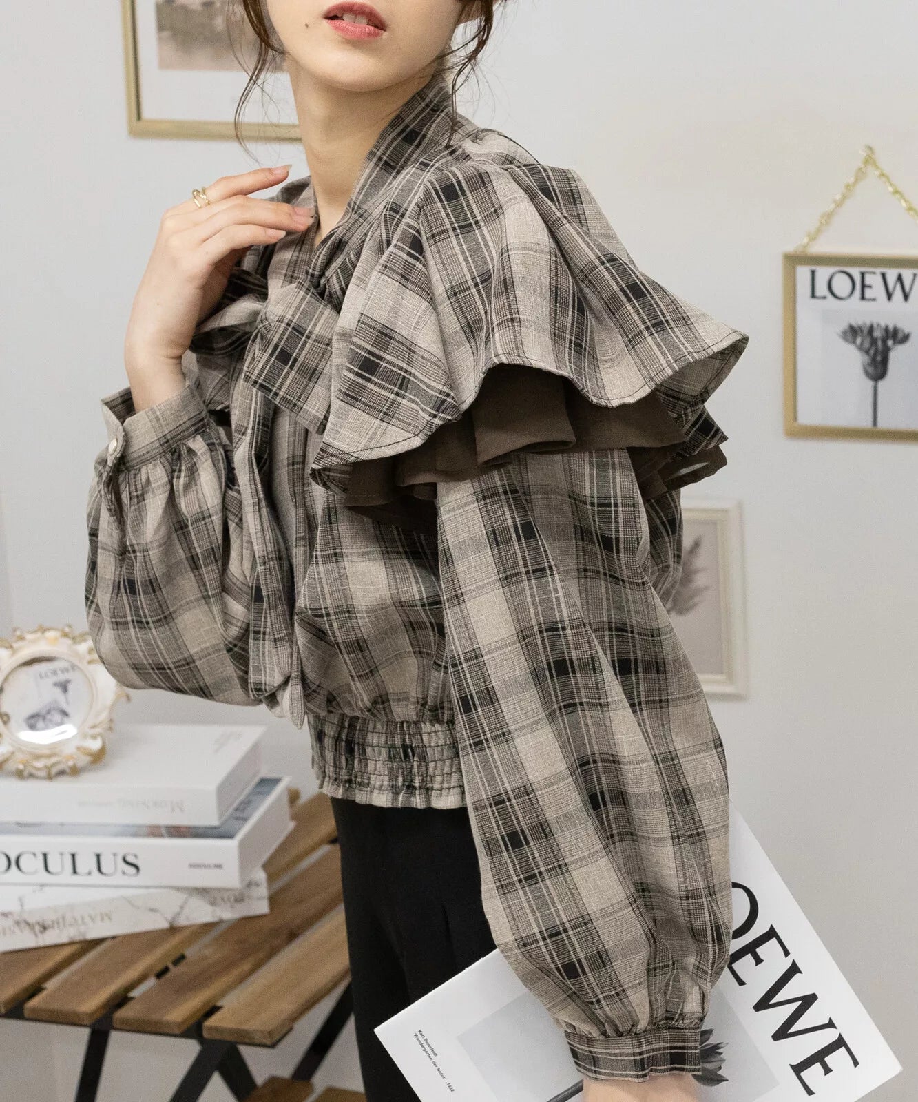 荷葉邊蝴蝶結格仔襯衫 [TP332]