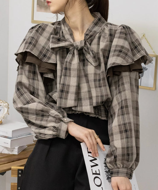 荷葉邊蝴蝶結格仔襯衫 [TP332]