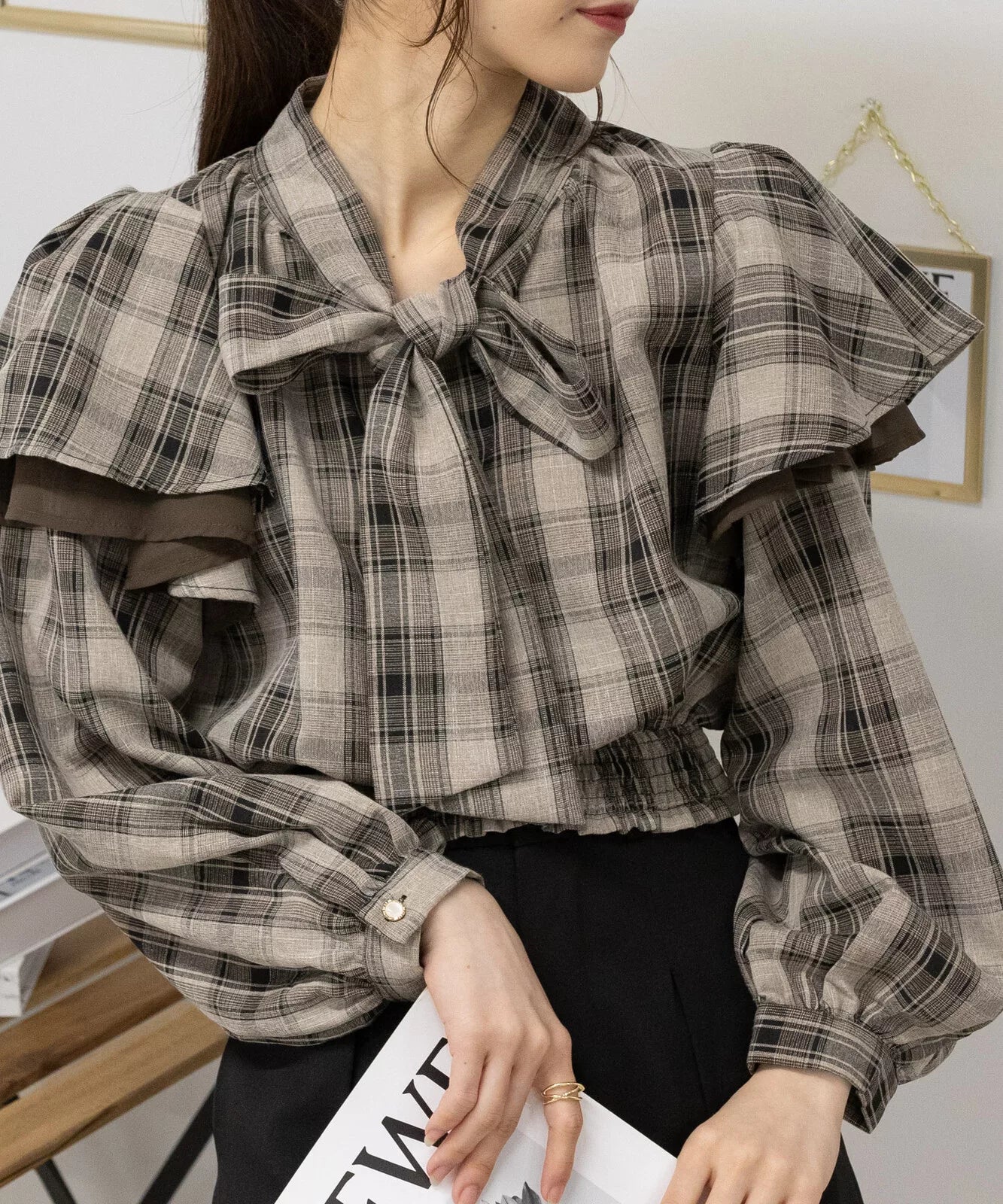 荷葉邊蝴蝶結格仔襯衫 [TP332]