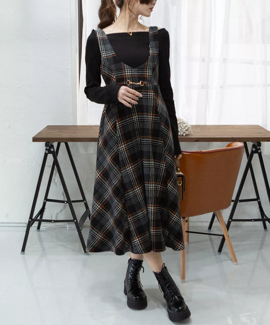 金扣子格仔背心連身裙 [OP307]