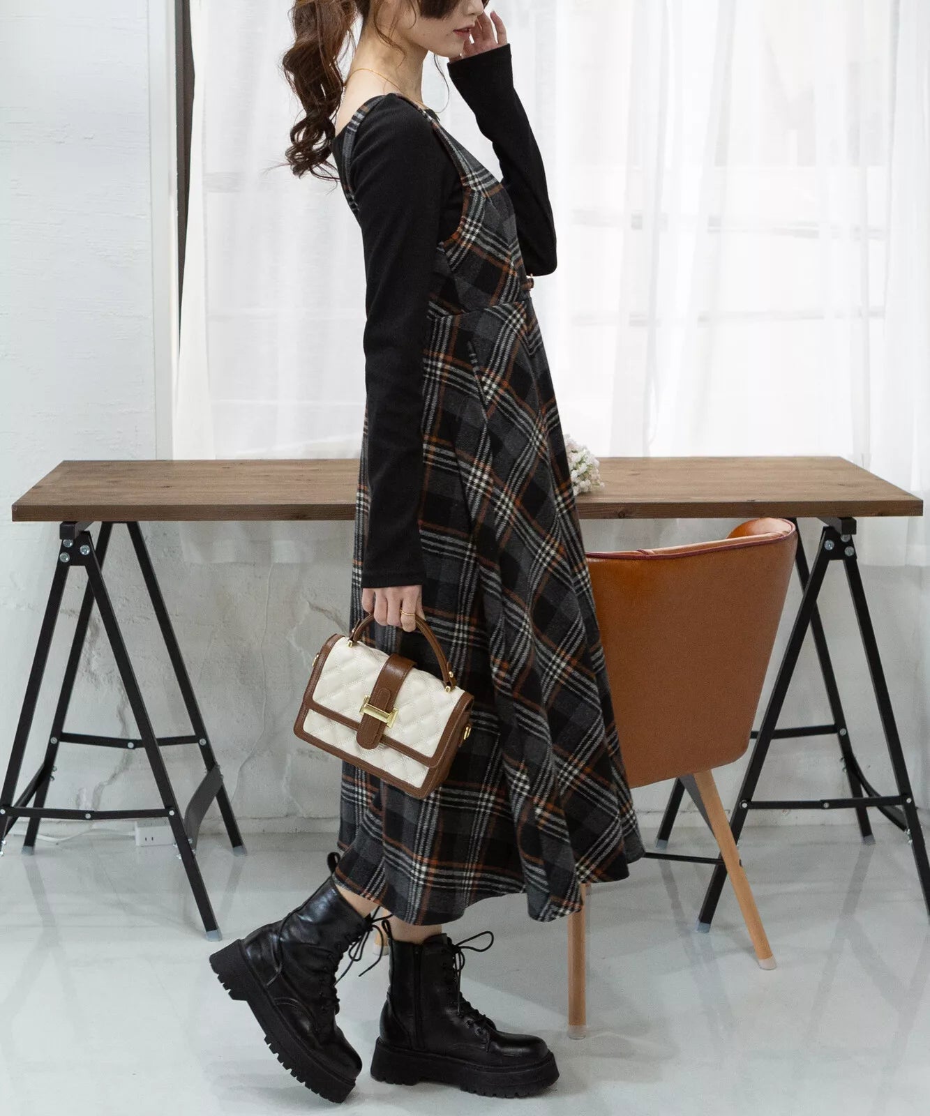 金扣子格仔背心連身裙 [OP307]