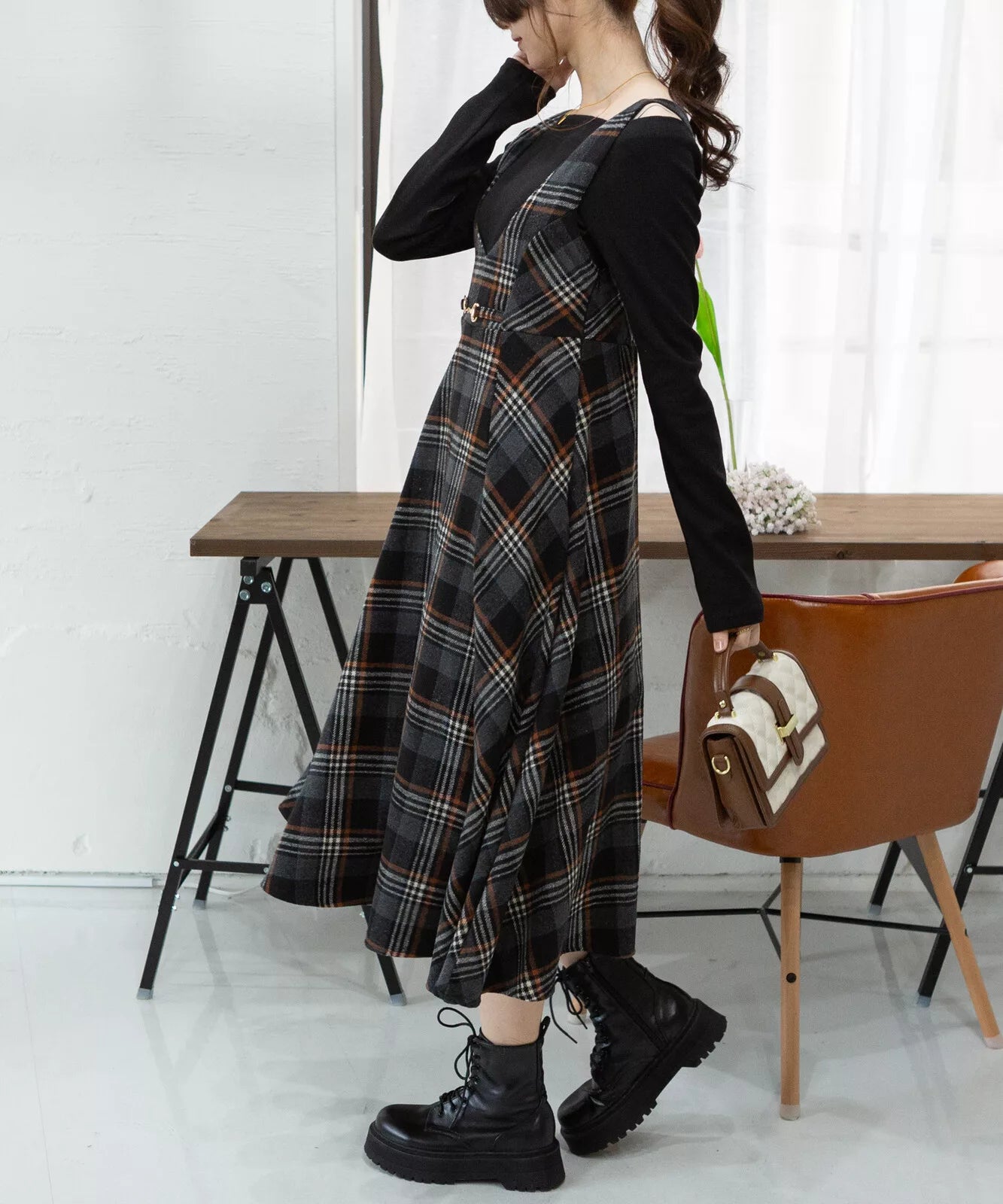 金扣子格仔背心連身裙 [OP307]