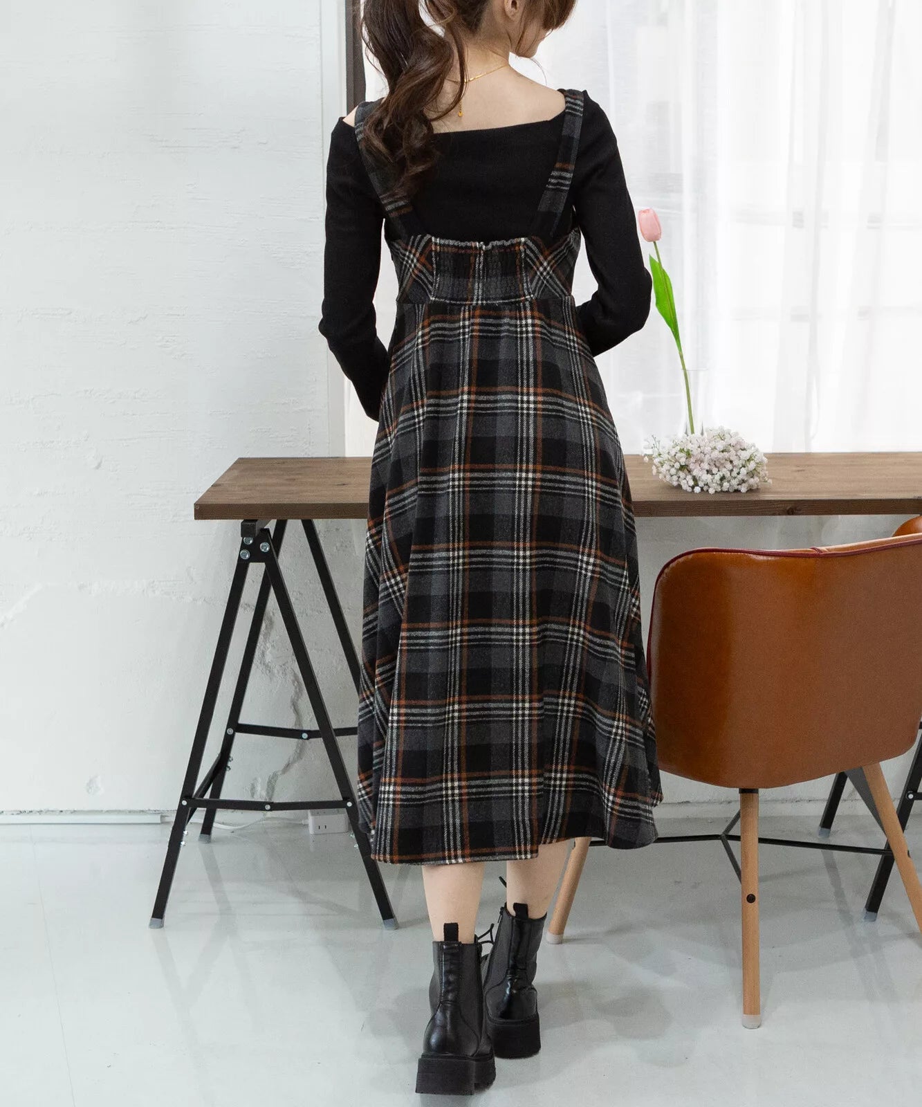 金扣子格仔背心連身裙 [OP307]