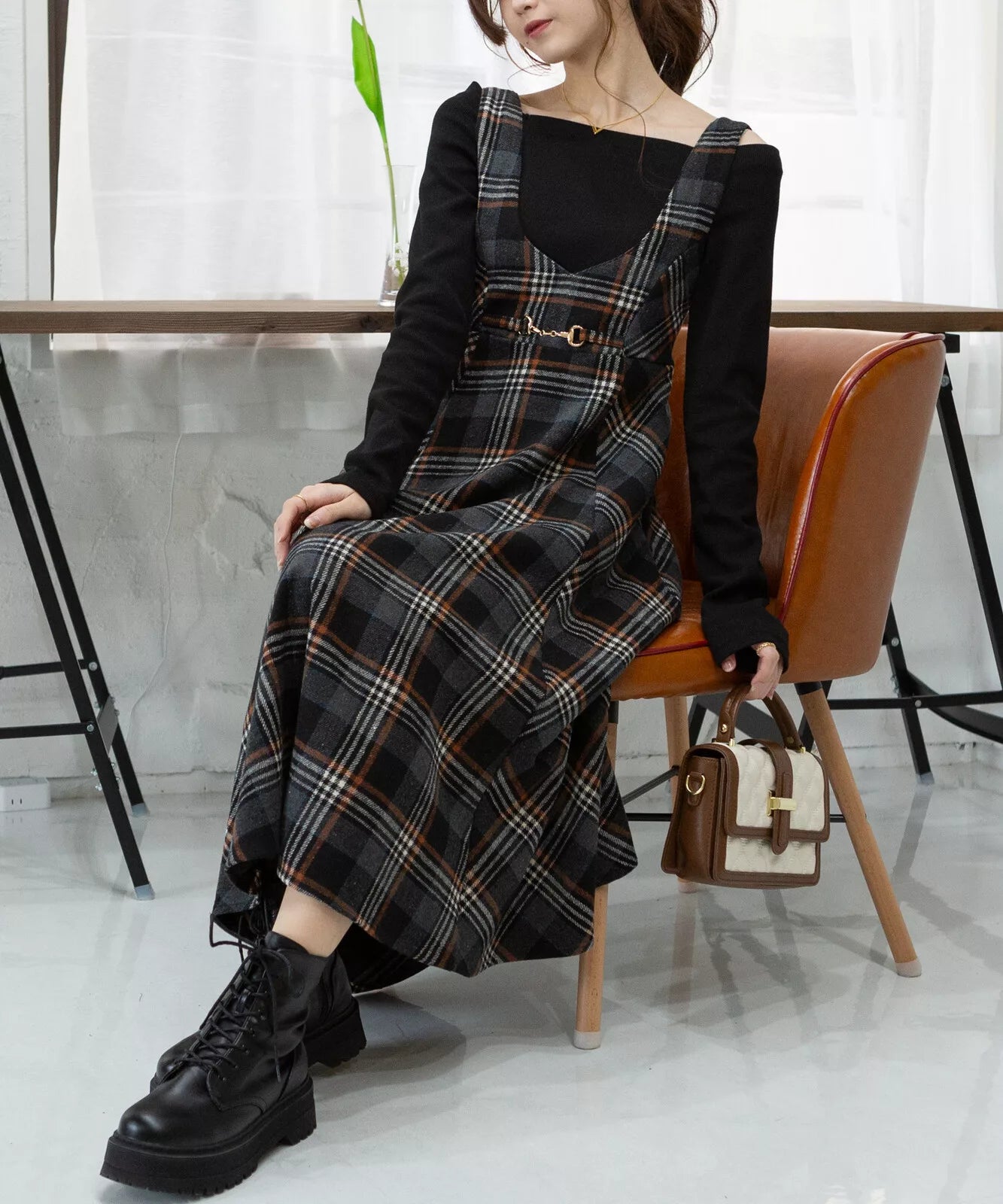 金扣子格仔背心連身裙 [OP307]