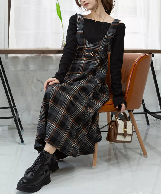 金扣子格仔背心連身裙 [OP307]