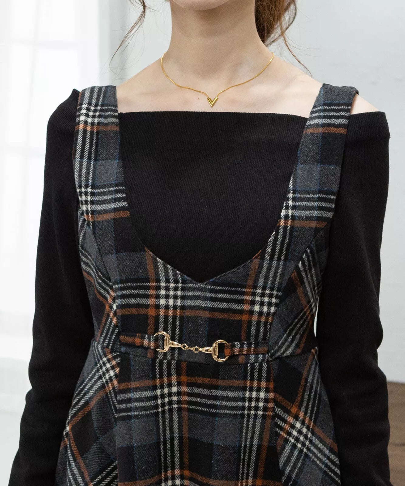 金扣子格仔背心連身裙 [OP307]