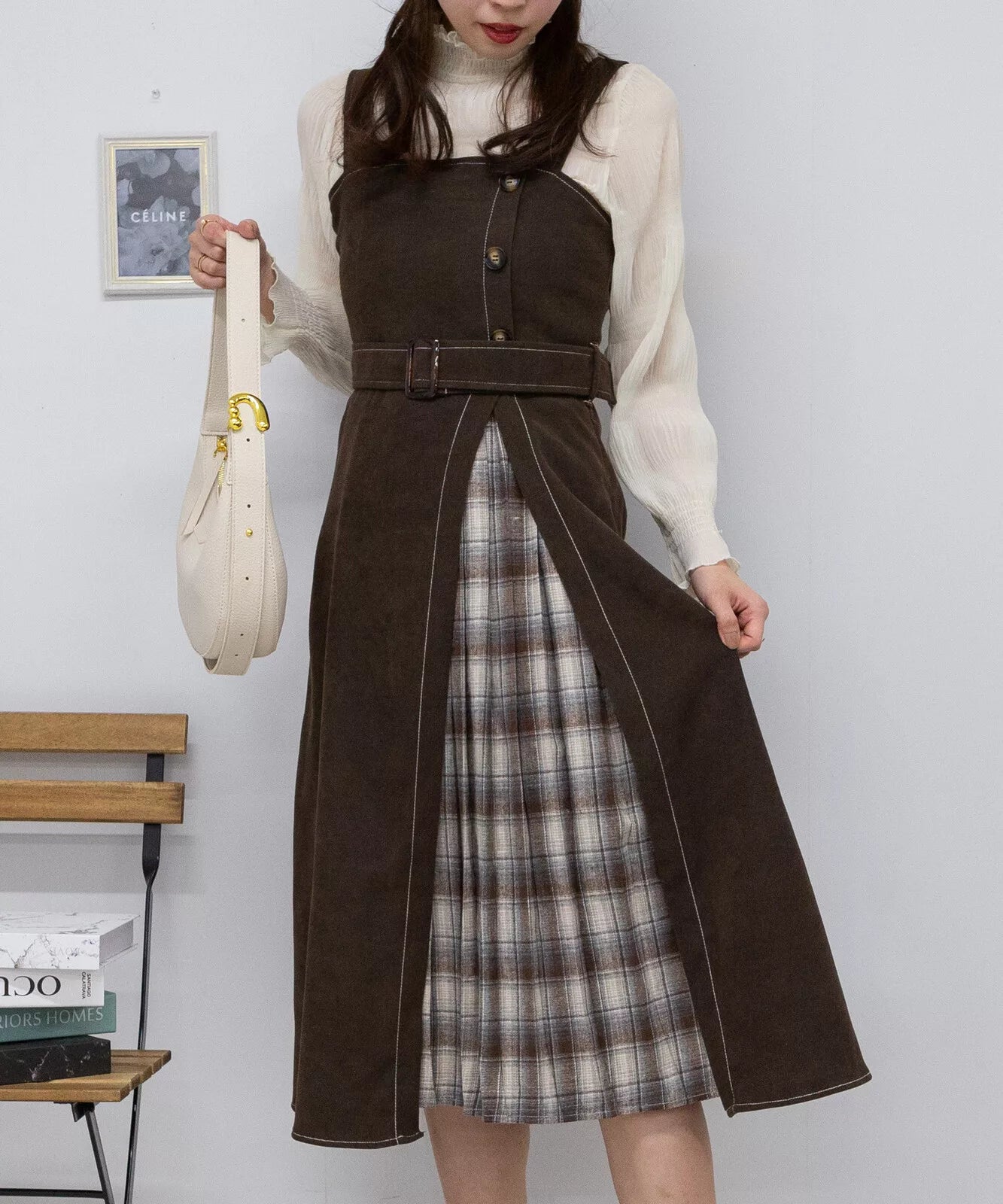 高腰腰帶拼格仔吊帶連身裙 3色 [OP308]