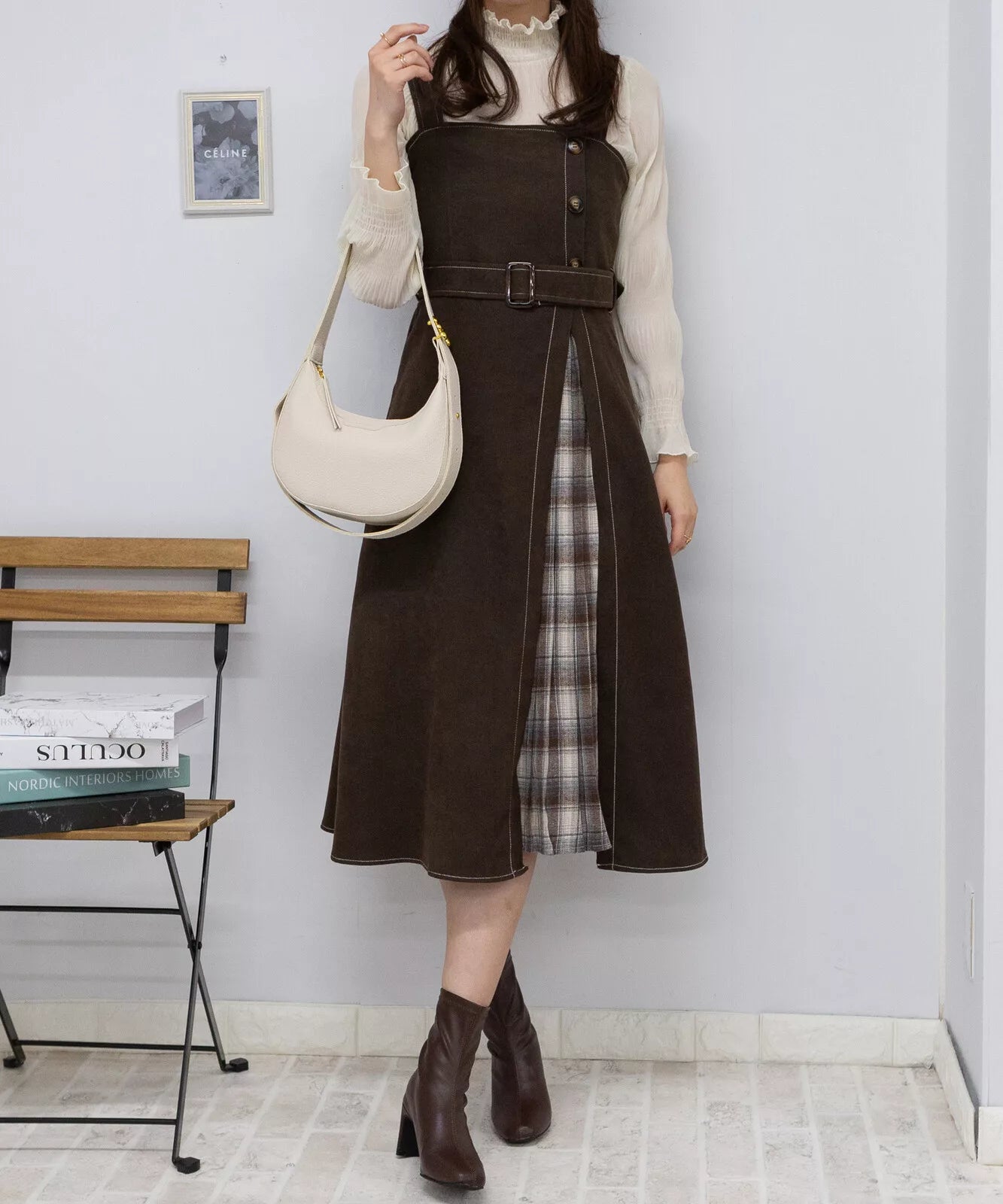 高腰腰帶拼格仔吊帶連身裙 3色 [OP308]