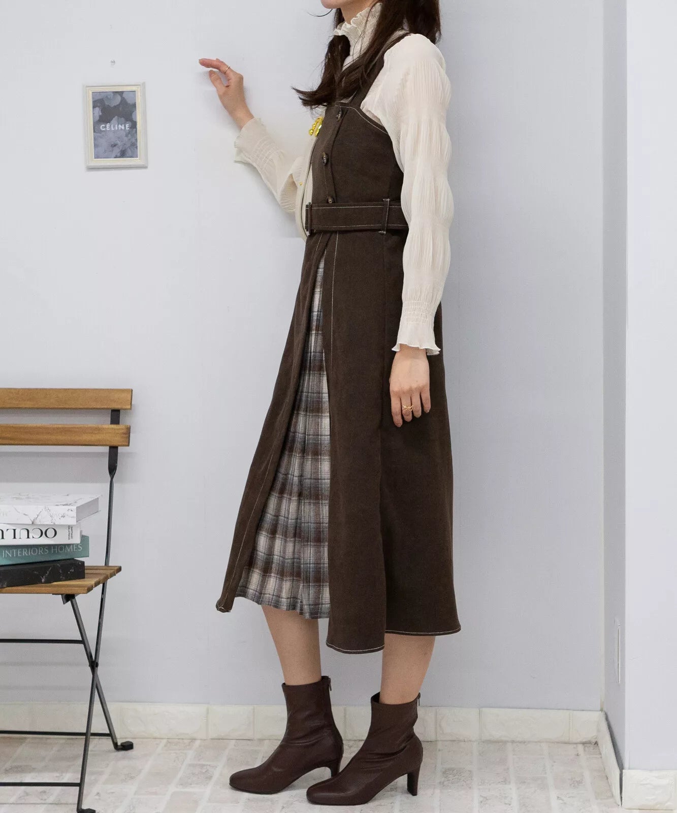 高腰腰帶拼格仔吊帶連身裙 3色 [OP308]