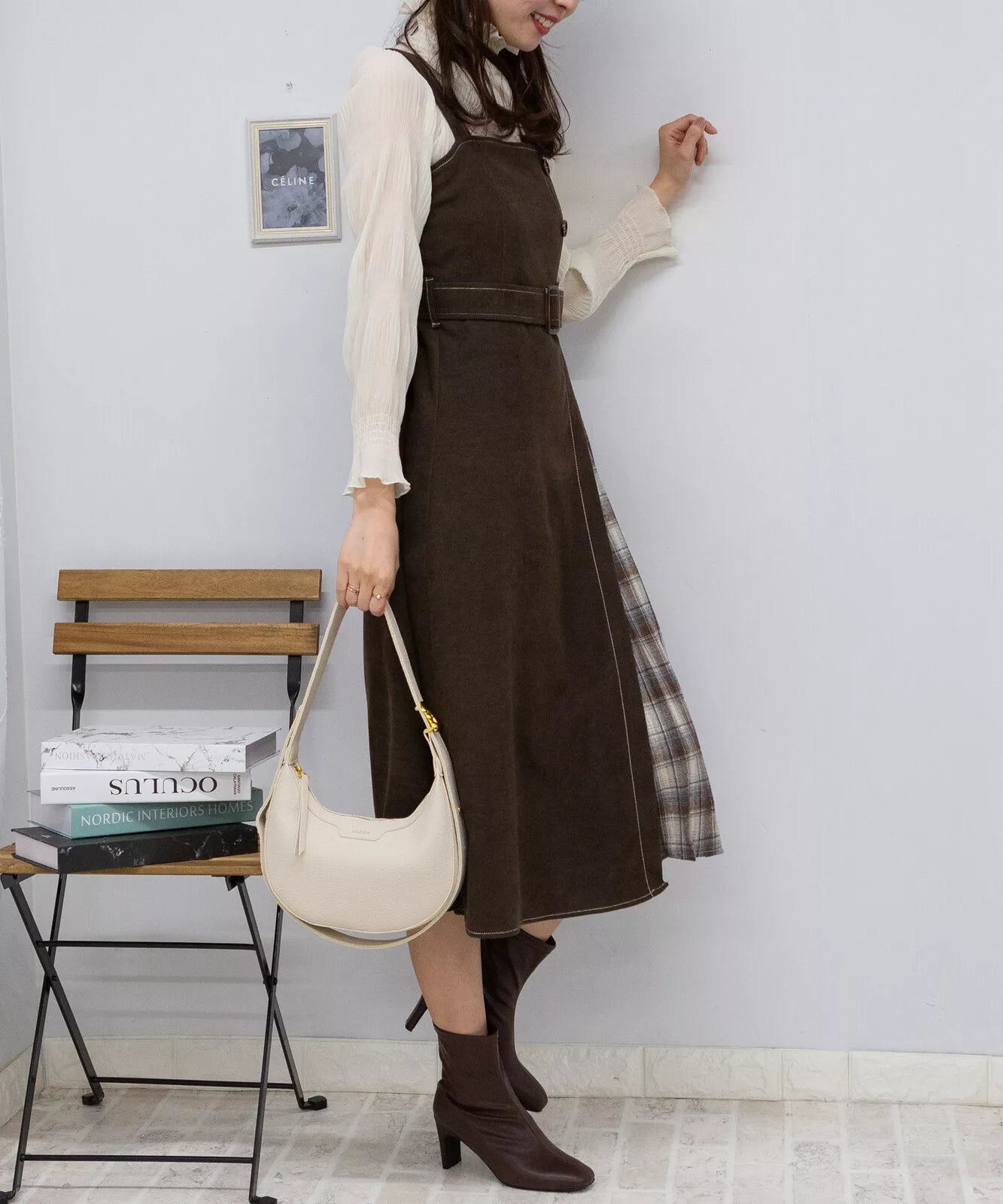 高腰腰帶拼格仔吊帶連身裙 3色 [OP308]