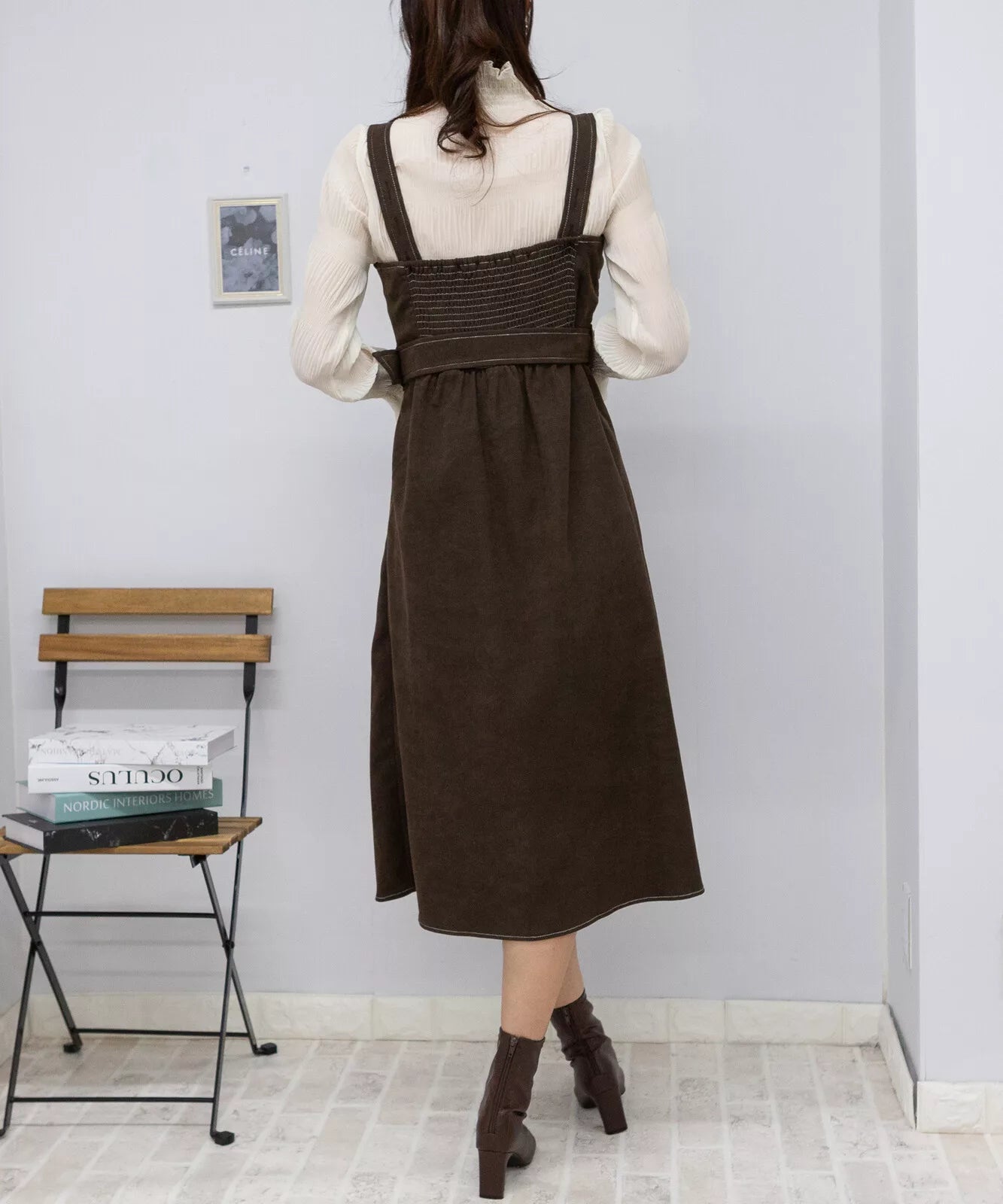 高腰腰帶拼格仔吊帶連身裙 3色 [OP308]