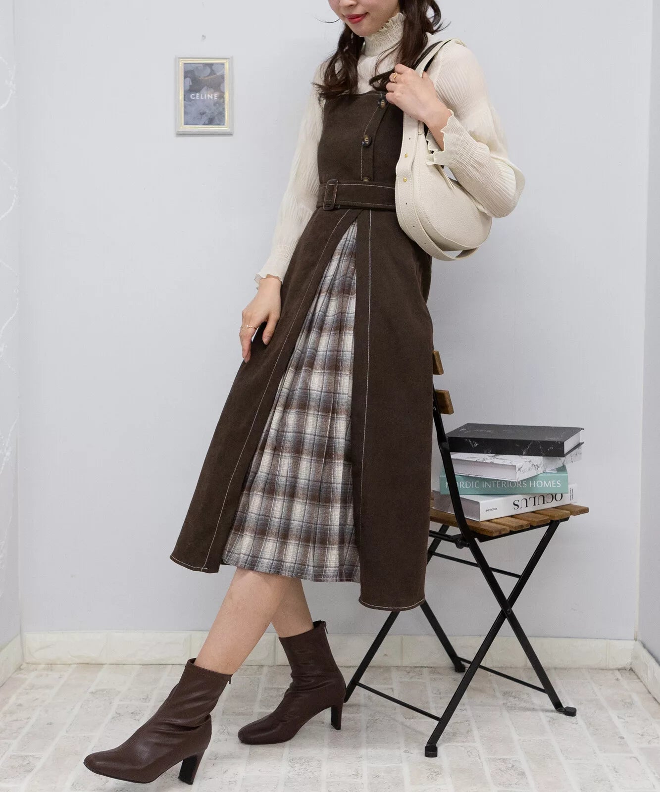 高腰腰帶拼格仔吊帶連身裙 3色 [OP308]