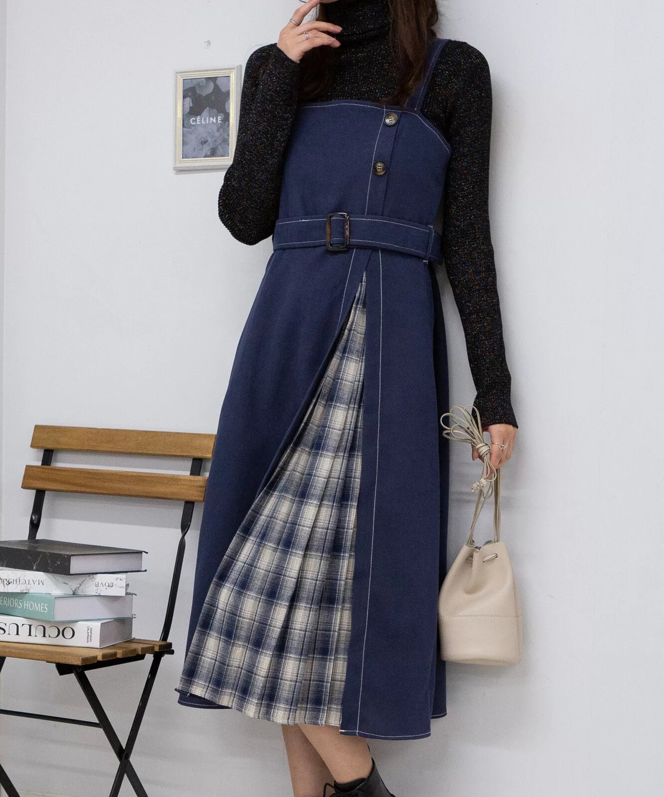 高腰腰帶拼格仔吊帶連身裙 3色 [OP308]