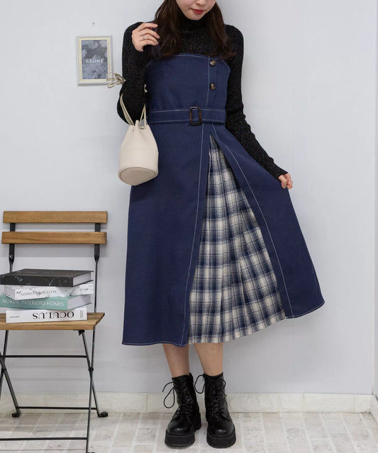 高腰腰帶拼格仔吊帶連身裙 3色 [OP308]