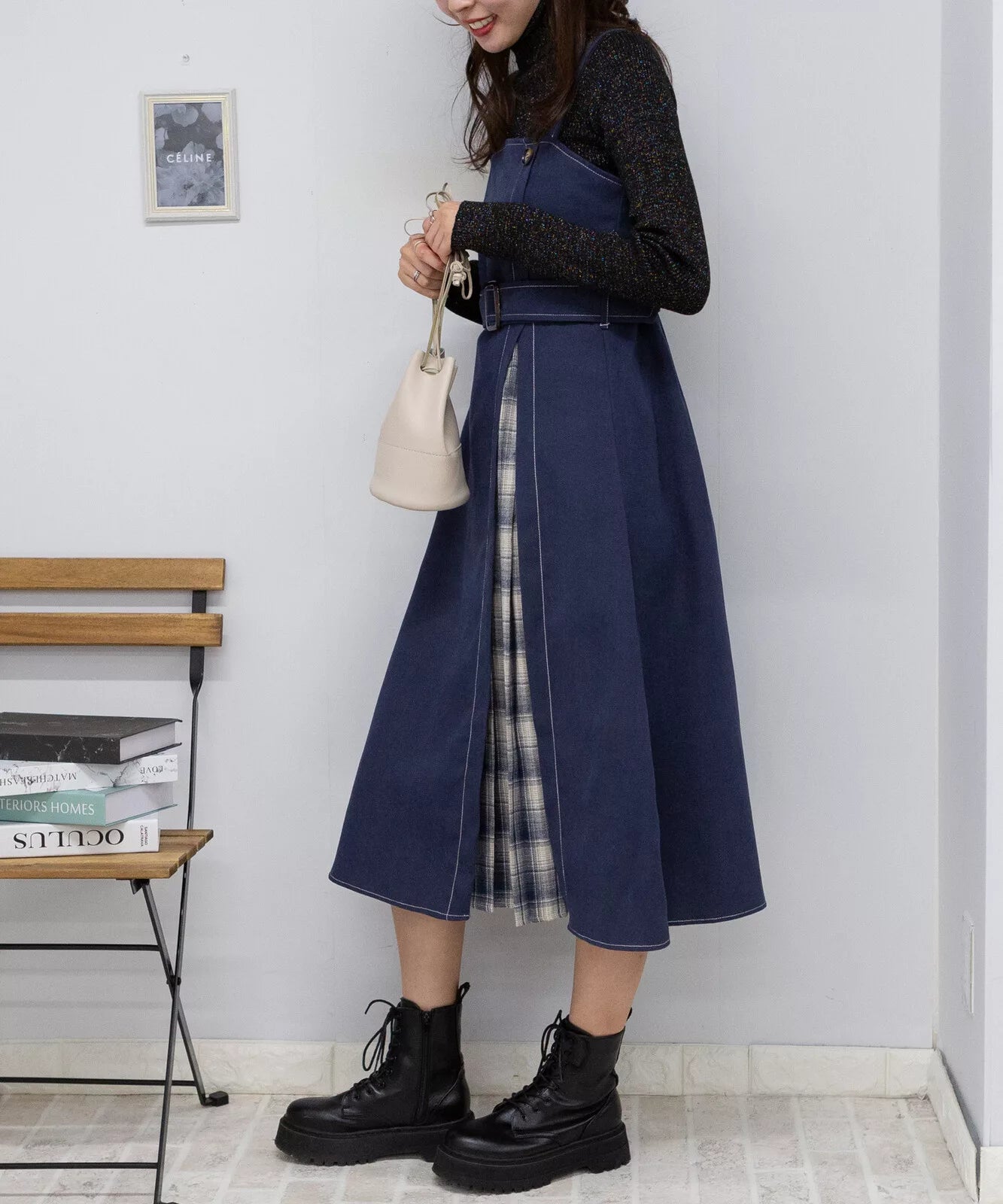 高腰腰帶拼格仔吊帶連身裙 3色 [OP308]