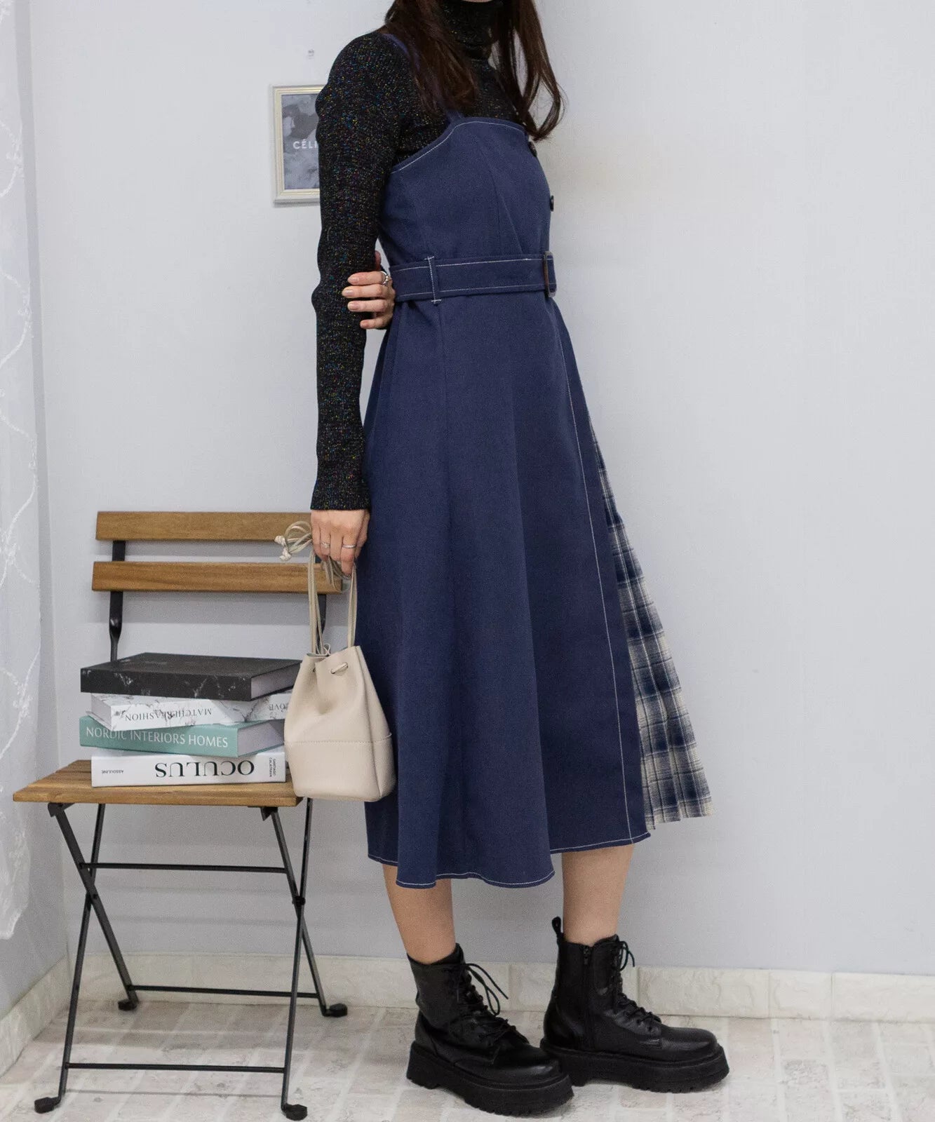 高腰腰帶拼格仔吊帶連身裙 3色 [OP308]