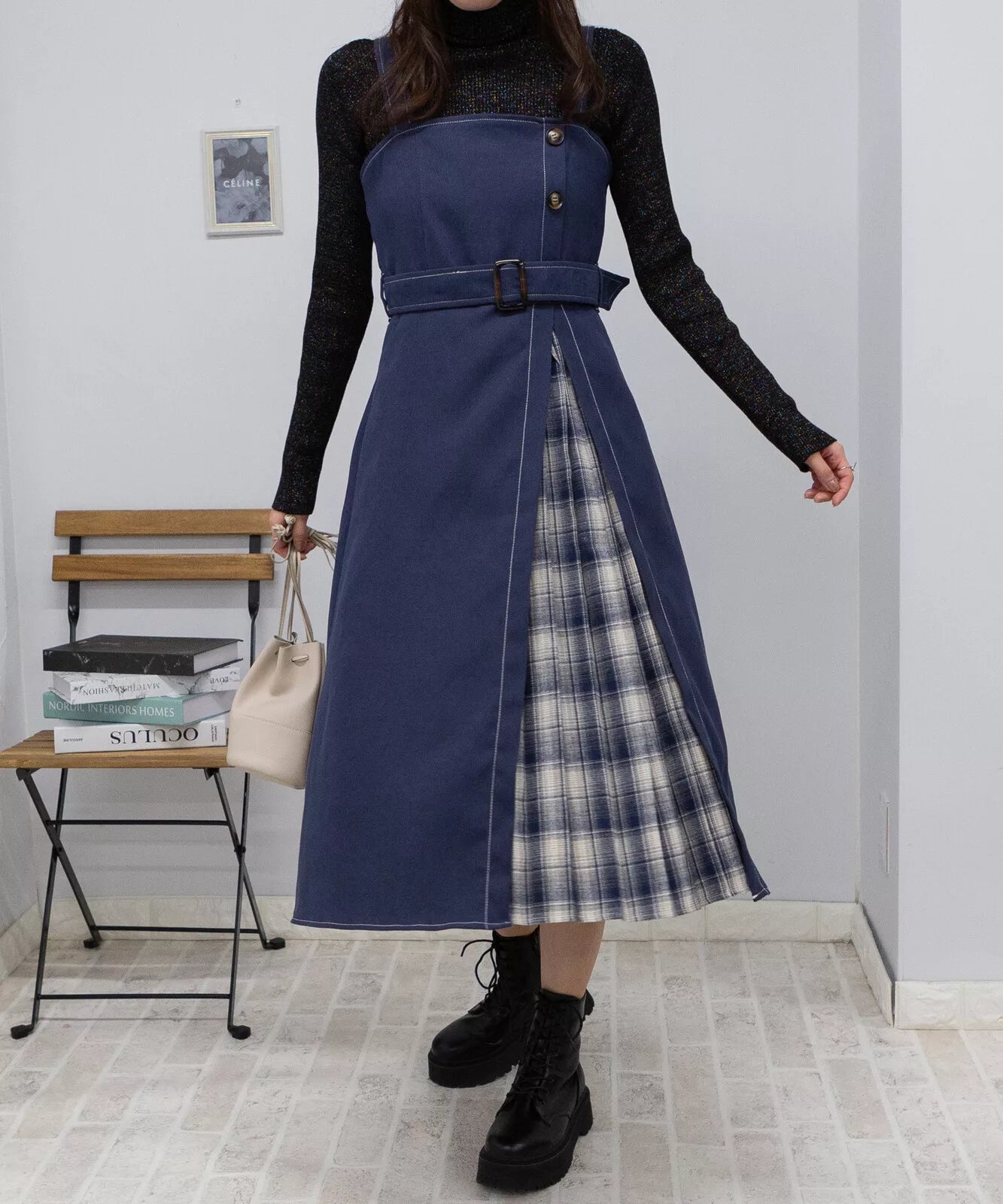 高腰腰帶拼格仔吊帶連身裙 3色 [OP308]