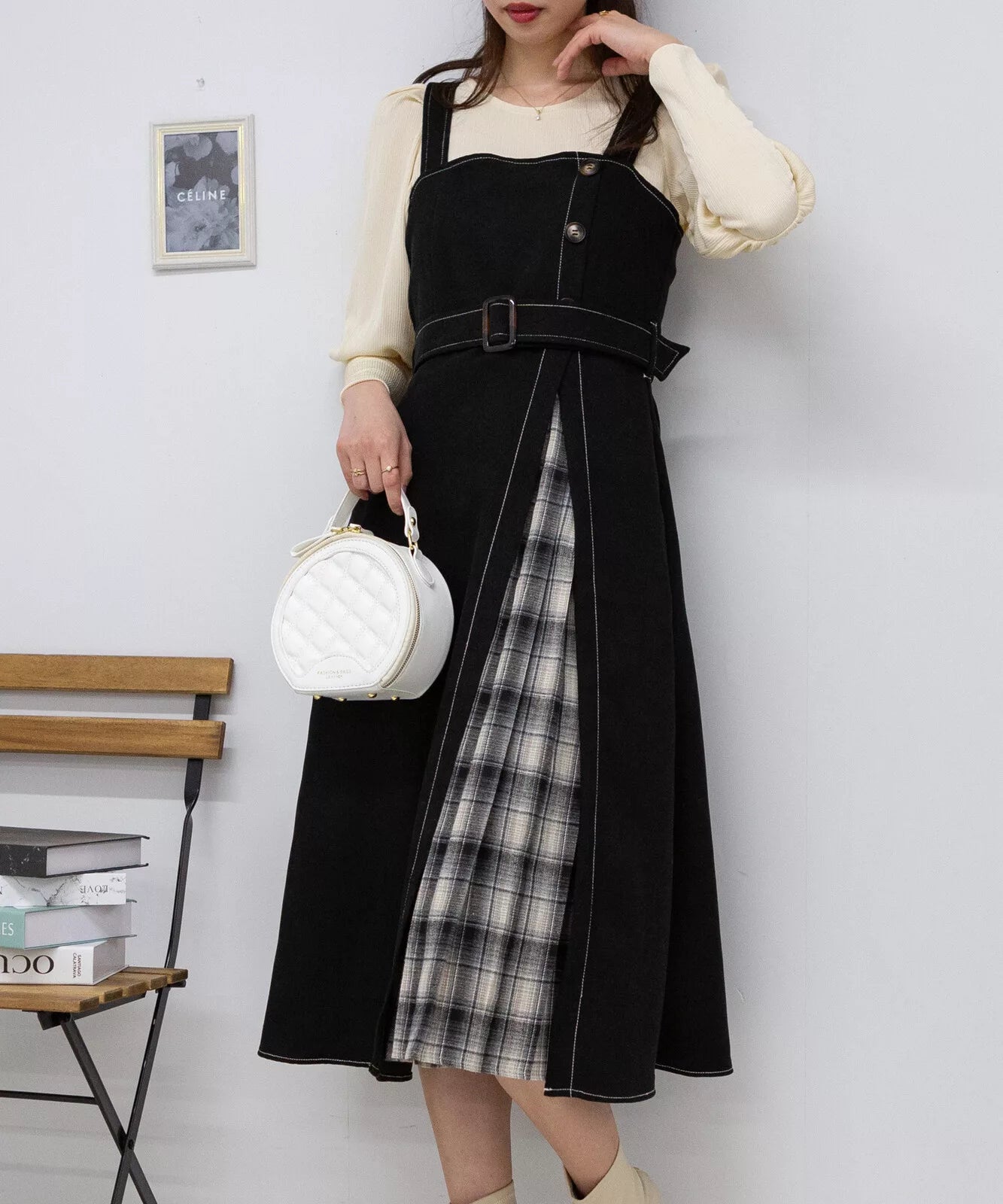 高腰腰帶拼格仔吊帶連身裙 3色 [OP308]