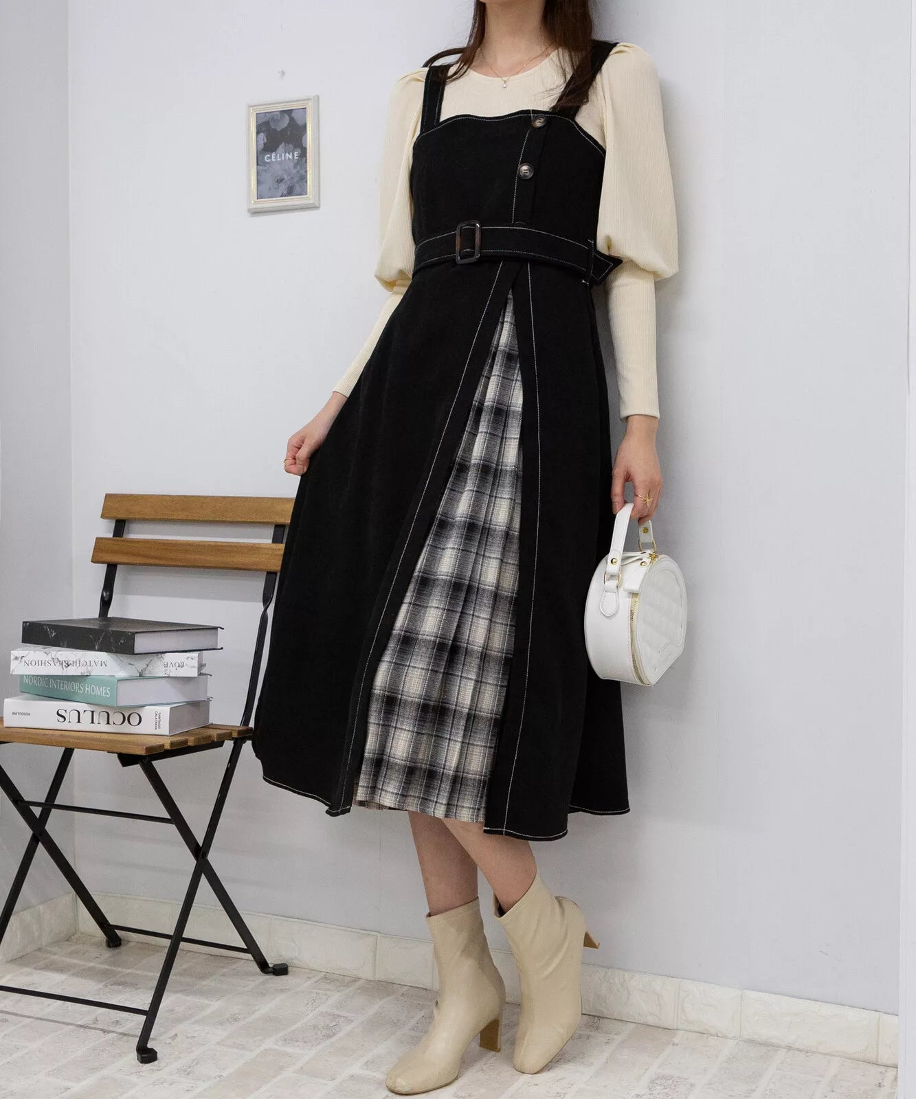 高腰腰帶拼格仔吊帶連身裙 3色 [OP308]