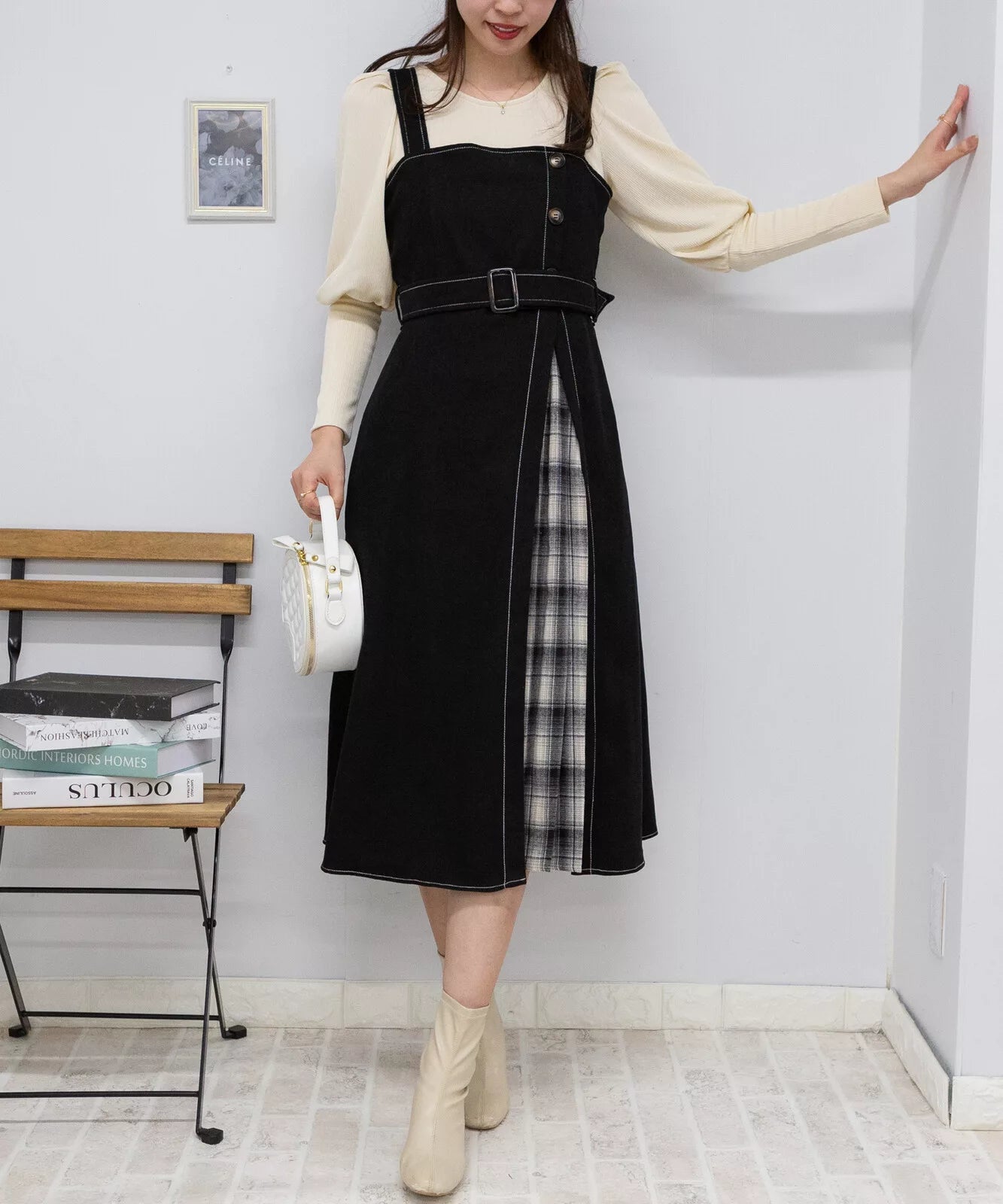 高腰腰帶拼格仔吊帶連身裙 3色 [OP308]