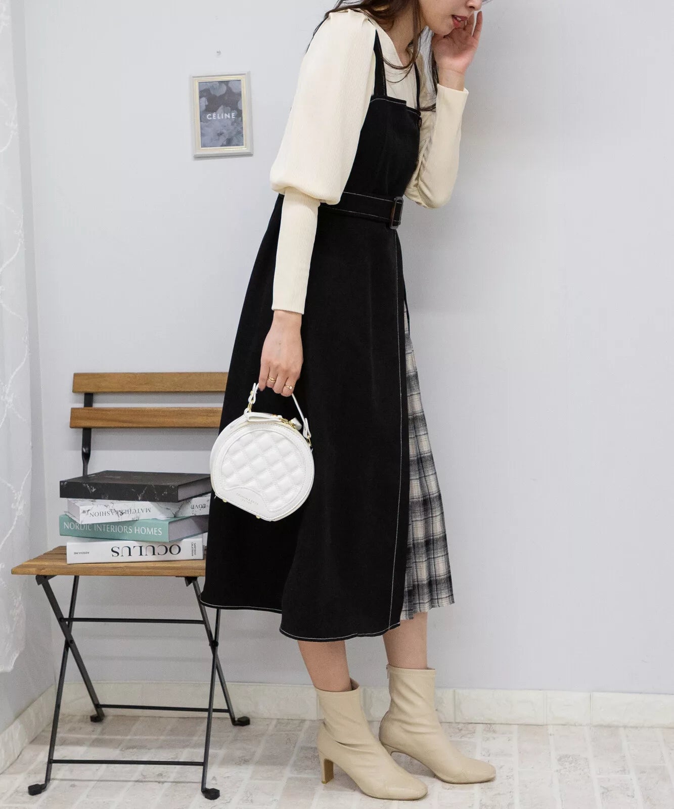 高腰腰帶拼格仔吊帶連身裙 3色 [OP308]