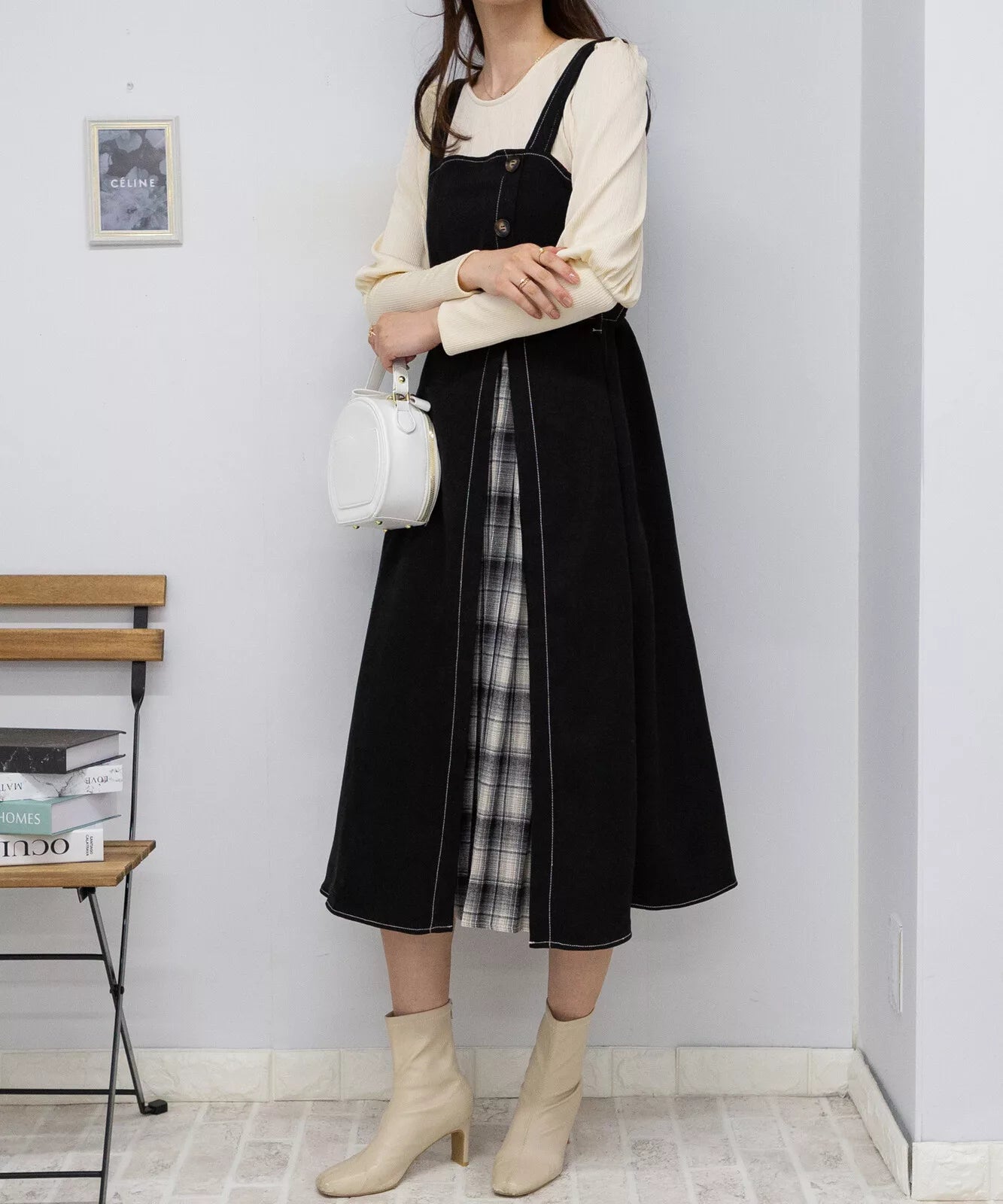 高腰腰帶拼格仔吊帶連身裙 3色 [OP308]